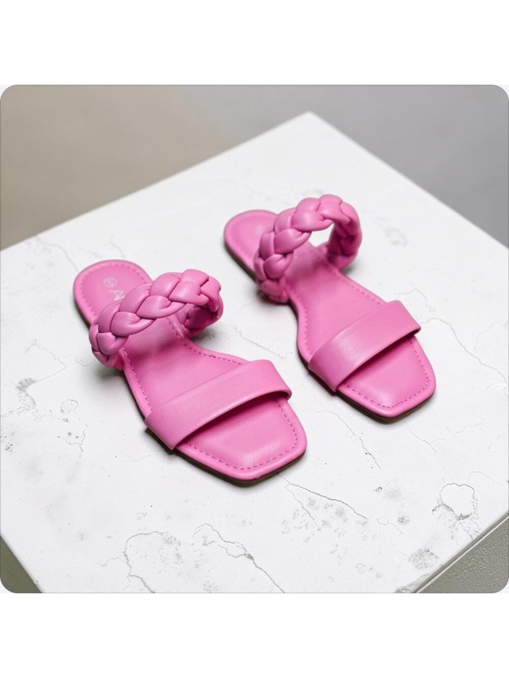 Braided Strap Pink Flat Sandals For Women Comfortable Square Toe Slip-On Design
